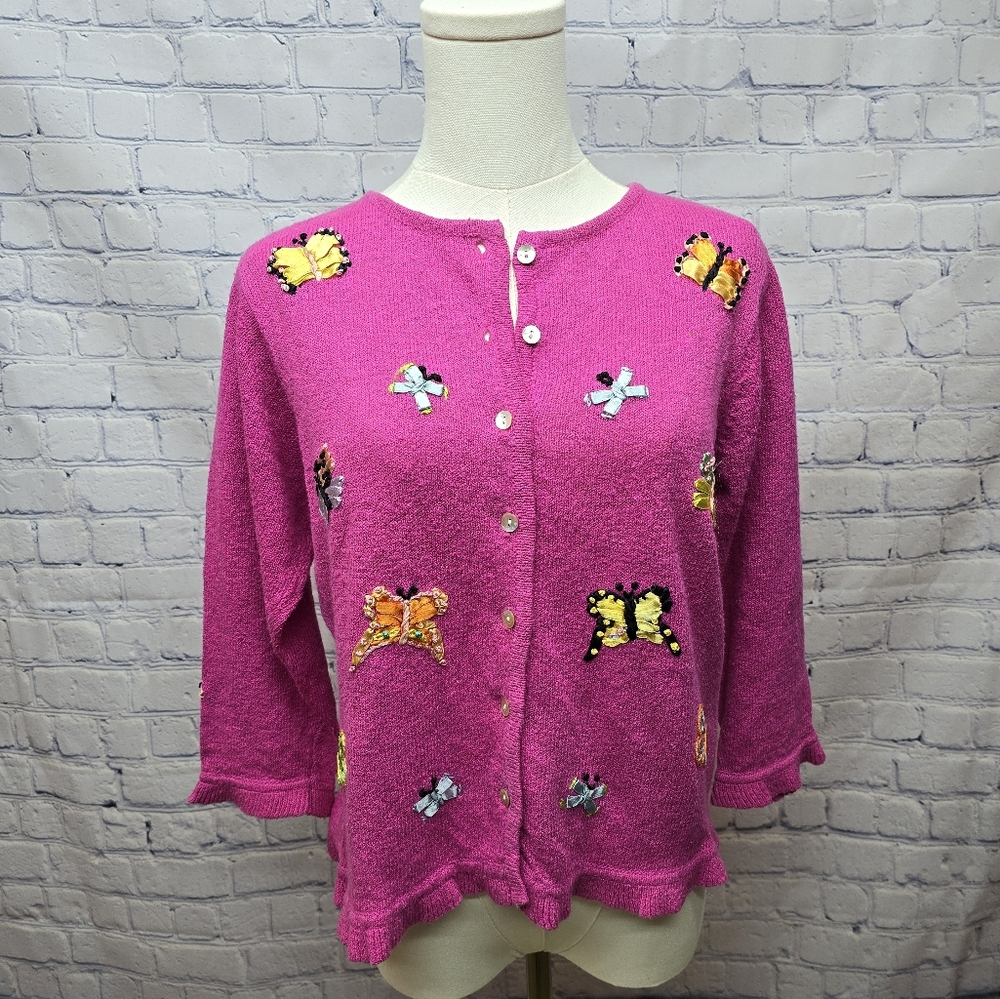 Vintage BellePointe Cardigan Sweater With Butterfly Ribbon Appliques - Small
